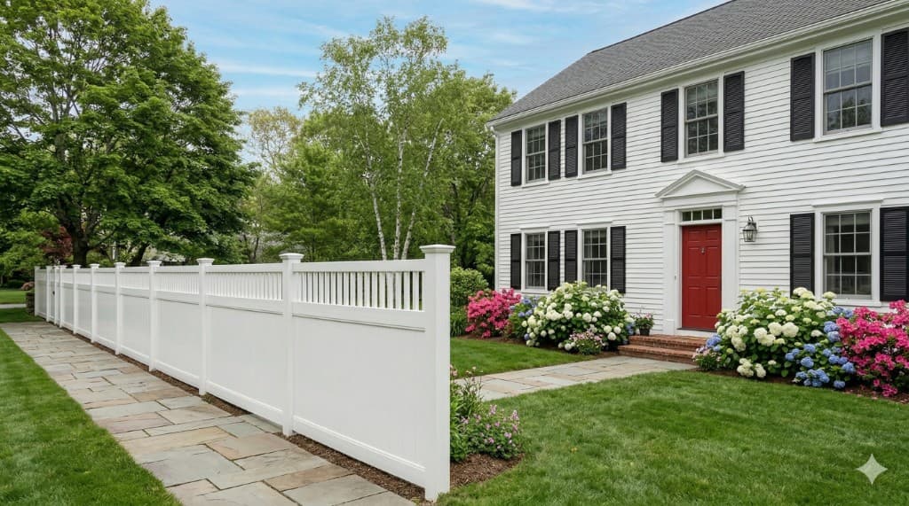 Semi-privacy vinyl fence along a white clapboard Colonial with black shutters and a red front door