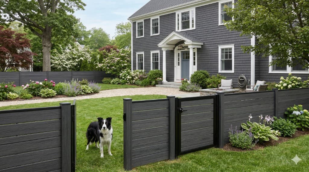 Border Collie on a green lawn inside a modern dark horizontal-slat dog fence with secure gate, gray Cape-style home beyond — JT Fence Inc.