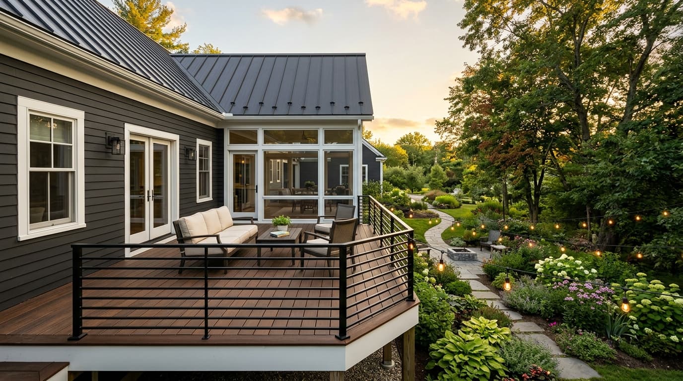 Modern deck with sleek black aluminum horizontal-slat railing at golden hour overlooking a landscaped backyard