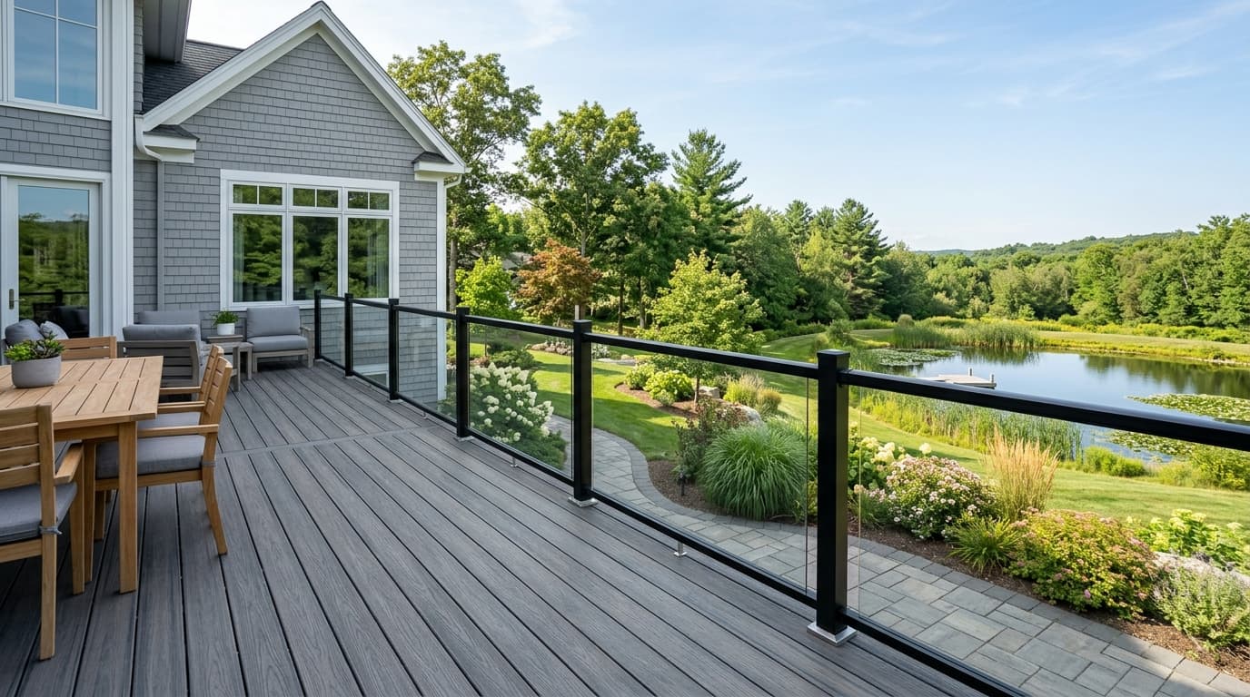 Composite deck with frameless glass panel railing preserving an open view of the backyard and pond