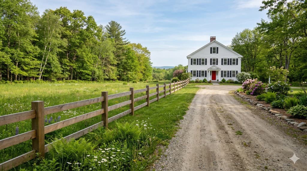 Natural wood post-and-rail fence beside a gravel driveway leading to a white clapboard Colonial with black shutters and a red front door