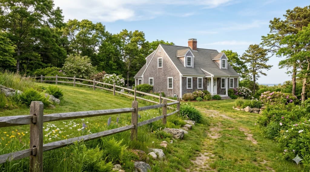 Rustic wood post-and-rail fence along a green hillside with a gray cedar-shake Cape Cod home, dormers, and central chimney