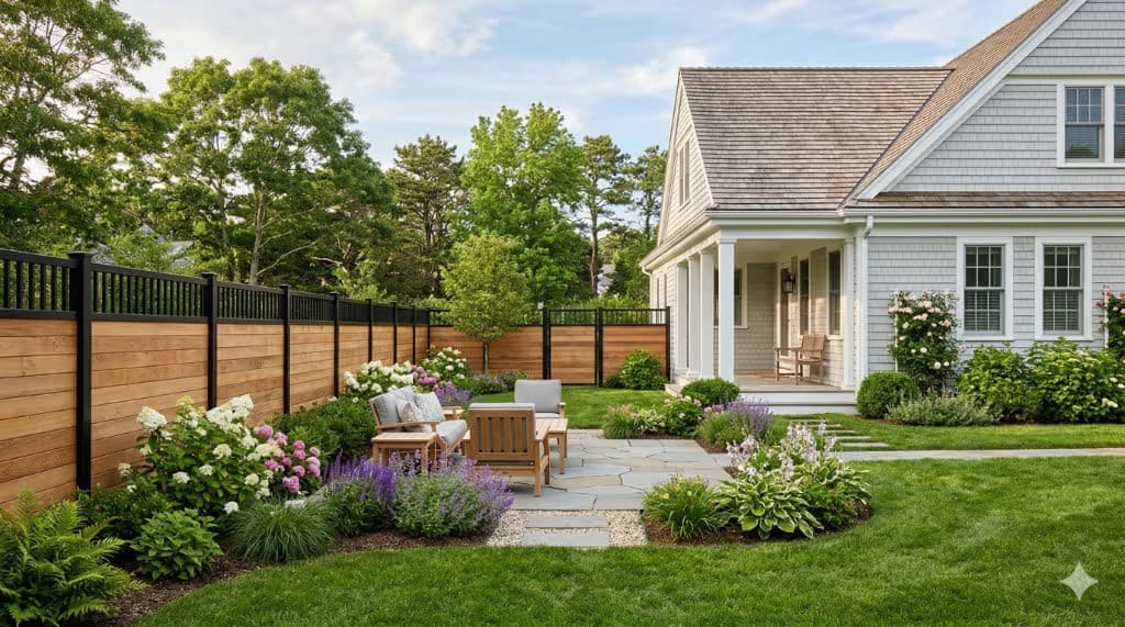 Modern horizontal wood fence with black metal posts and decorative top rail, stone patio and landscaped backyard — JT Fence Inc., Massachusetts