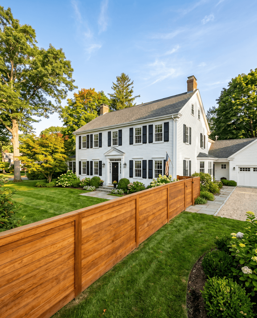 Horizontal wood fence along a manicured lawn beside a white Colonial home with black shutters and an American flag, South Shore Massachusetts